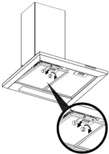 Technical diagram showing a 3D cabinet with labeled parts and a magnified inset highlighting the internal structure.