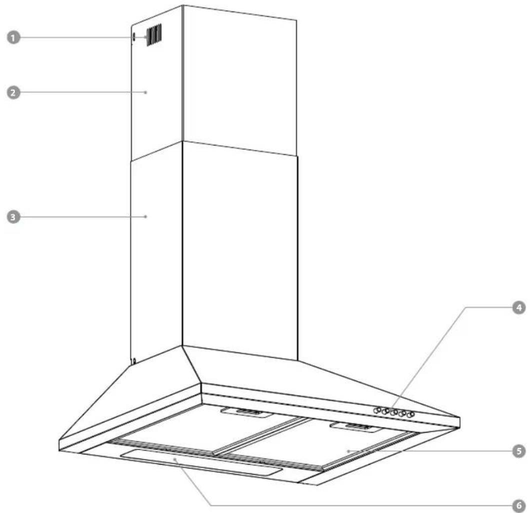 Technical diagram of a double-lit kitchen chimney with numbered components for identification