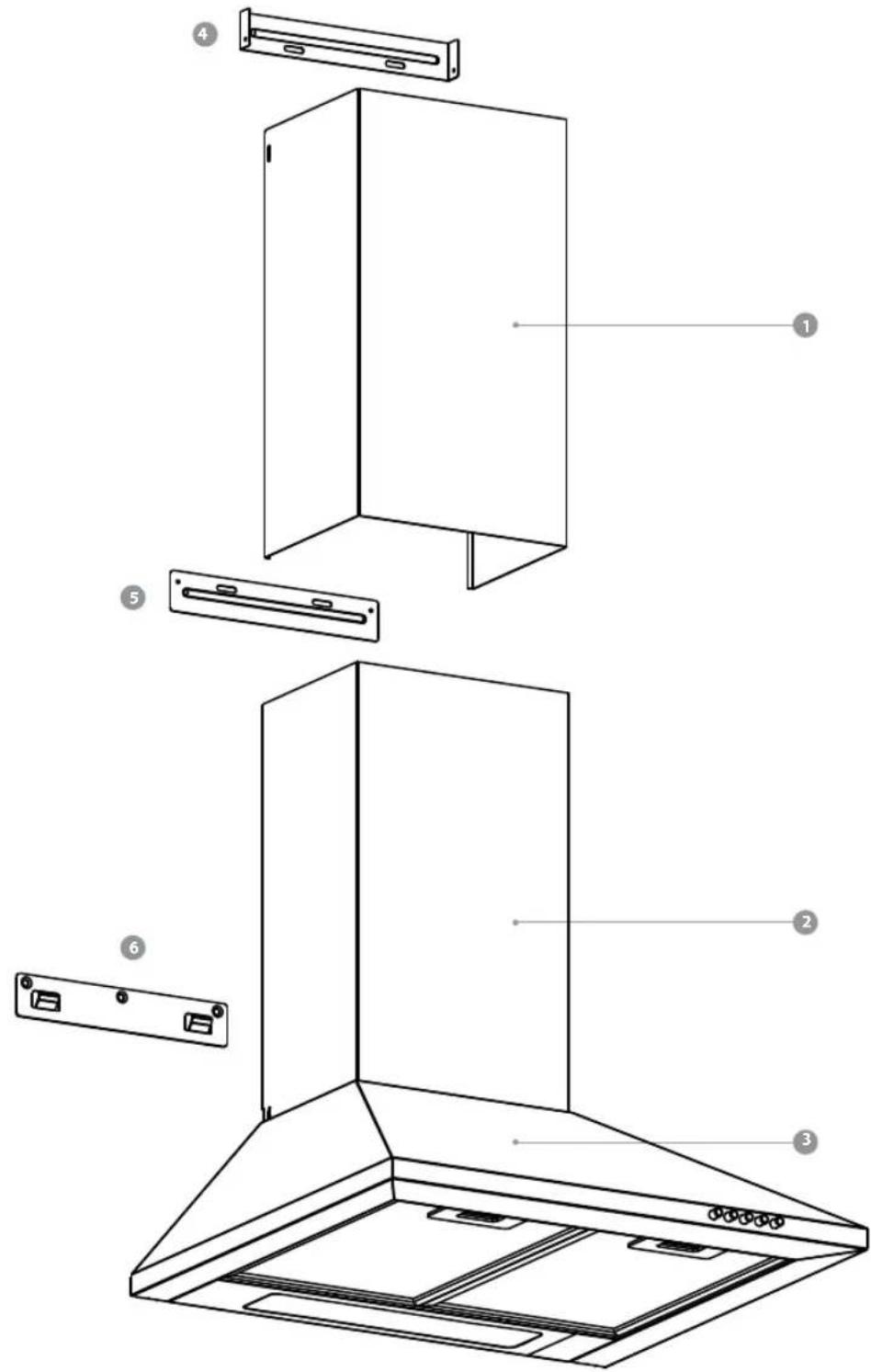 Technical diagram of a kitchen range hood with numbered parts for identification