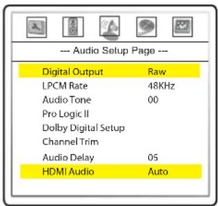 --- Audio Setup Page --- Digital Output Raw LPCM Rate 48KHz Audio Tone 00 Pro Logic II Dolby Digital Setup Channel Trim Audio Delay 05 HDMI Audio Auto
