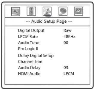 --- Audio Setup Page --- Digital Output Raw LPCM Rate 48KHz Audio Tone 00 Pro Logic II Dolby Digital Setup Channel Trim Audio Delay 05 HDMI Audio LPCM