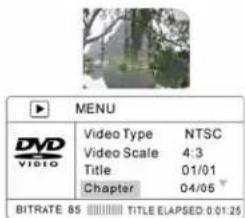 MENU DVD VIDEO Video Type NTSC Video Scale 4:3 Title 01/01 Chapter 04/05 BITRATE 85 TITLE ELAPSED: 0:01:25