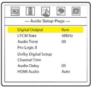 --- Audio Setup Page --- Digital Output Raw LPCM Rate 48KHz Audio Tone 00 Pro Logic II Dolby Digital Setup Channel Trim Audio Delay 05 HDMI Audio Auto
