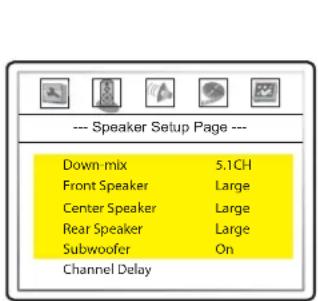 --- Speaker Setup Page --- Down mix 5.1CH Front Speaker Large Center Speaker Large Rear Speaker Large Subwoofer On Channel Delay
