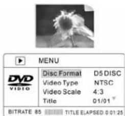 MENU DVD VIDEO Disc Format D5 DISC Video Type NTSC Video Scale 4:3 Title 01/01 BITRATE 85 TITLE ELAPSED: 0:01:25