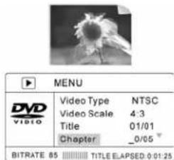 MENU DVD Video Type NTSC Video Scale 4:3 Title 01/01 Chapter _0/05 BITRATE 65 TITLE ELAPSED: 0:01:25