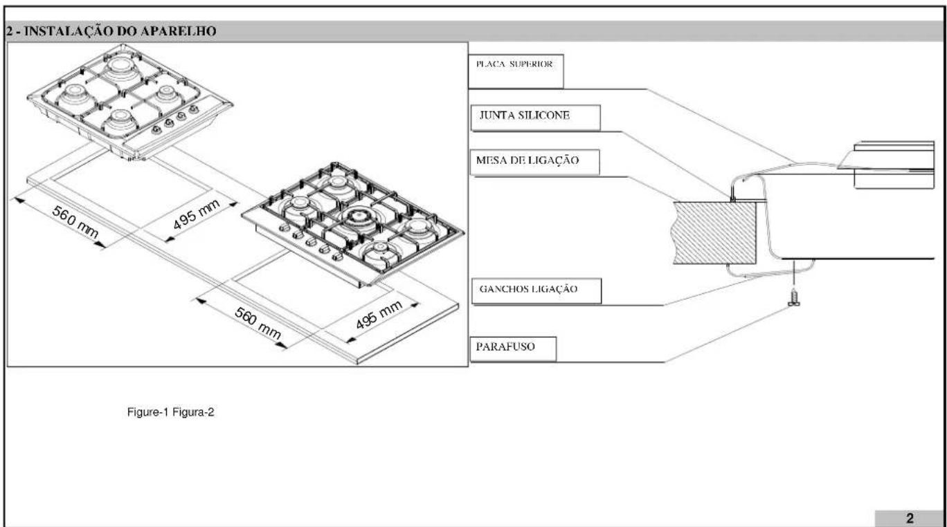2 - INSTALAÇÃO DO APARELHO PLACA SUPERIOR JUNTA SILICONE MESA DE LIGAÇÃO GANCHOS LIGAÇÃO PARAFUSO 560 mm 495 mm 560 mm 495 mm Figure-1 Figura-2 2