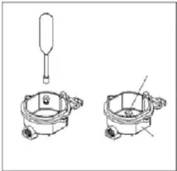 Technical line drawing of two mechanical components with a tool above them, no text or symbols present