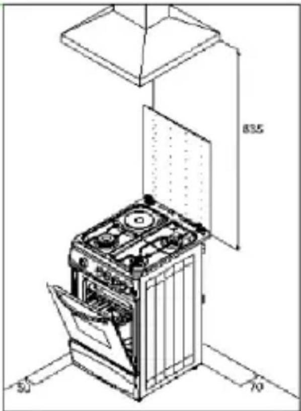Technical diagram of an oven with labeled dimensions and component layout