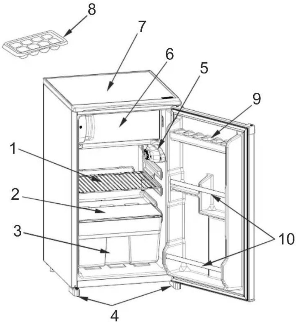 Labeled diagram of an open refrigerator with numbered parts for identification
