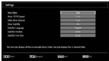 Settings View Style Full Music: F/F/F Speed 1 sec Slide Show Interval 1 sec Show Subtitle 0s Subtitle Language English Subtitle Position Durch Subtitle Font Size 44 pt Flat view style displays all files in removable devices. Poster view style displays files in selected fields. OK Select Cancel Navigate New Back Cancel Font