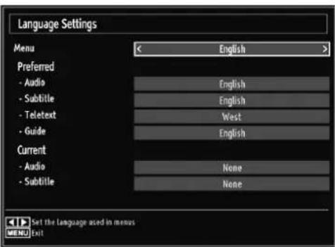 Language Settings Menu English Preferred - Audio English - Subtitle English - Teletext West - Guide English Current - Audio None - Subtitle None Set the Language used in menus MENU Exit
