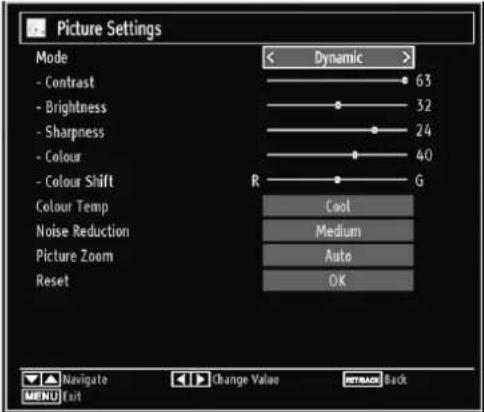 Picture Settings Mode - Contrast - Brightness - Sharpness - Colour - Colour Shift Colour Temp Noise Reduction Picture Zoom Reset Dynamic 63 32 24 40 G Cool Medium Auto OK Navigate Change Value NETBACK Back MENU Exit