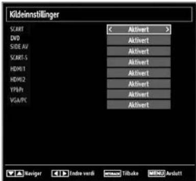 Kildeinnstillinger SCART DVD SIDE AV SCART-5 HDMI1 HDMI2 YPBPr VGA/PC < Aktivert > Aktivert Aktivert Aktivert Aktivert Aktivert Aktivert Aktivert Aktivert Navigator Endre verdi Tiltake MENU Arslutt