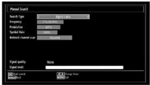 Manual Search Search Type: C Digital Cable 3 Frequency: 116.00 MHz Modulation: A/TO Symbol Rate: 8900 Network channel scan: Connected Signal quality: None Signal level: Start search Change Value Normal Back Change Off