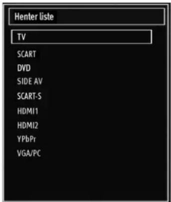 Henter liste TV SCART DVD SIDE AV SCART-S HDMI1 HDMI2 YPbPr VGA/PC