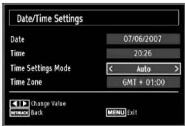 Date/Time Settings Date 07/06/2007 Time 20:26 Time Settings Mode < Auto > Time Zone GMT + 01:00 Change Value MTTRACK Back MENU Exit
