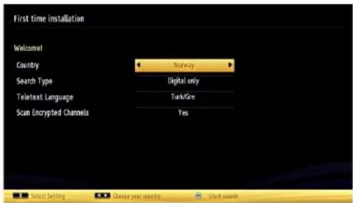 First time installation Welcome! Country Norway Search Type Digital only Teletext Language Tunk/Gre Scan Encrypted Channels Yes Select Setting Choose your country Start search