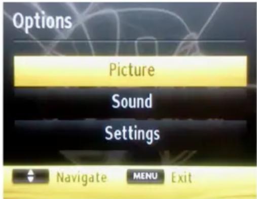 Options Picture Sound Settings Navigate MENU Exit