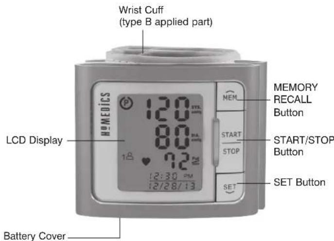 Wrist Cuff (type B applied part) MEM MEMORY RECALL Button START/STOP Button SET Button LCD Display 12:30 PM 12/28/13 HOMEDICS Battery Cover