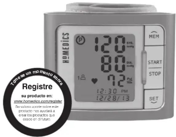 HOMEDICS 12:0 SYS. navig 8:0 DIA. navig 12 Pul min 12:30 PM 12/28/13 MEM START STOP SET Túme se un momento ahora Registre su producto en: www.homedics.com/register Su valuno aporte subre rale producto nos ayudará a over los productos quo cosco on el futuro.