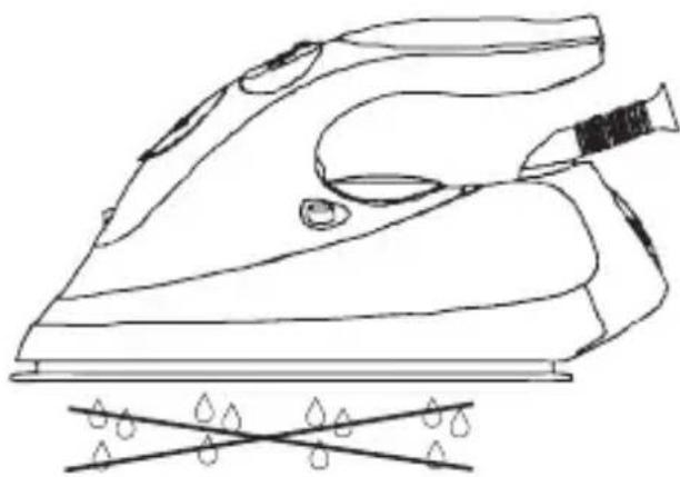 Line drawing of a steam iron with water droplets on the base (no text or symbols)