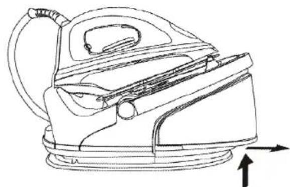 Line drawing of a steam iron with directional arrows indicating motion (no text or symbols)