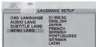 LANGUAGE SETUP OSD LANGUAGE CHINESE AUDIO LANG ENGLISH SUBTITLE LANG JAPAN MENU LANG FRENCH SPANISH PORTUGUESE GERMAN LATIN