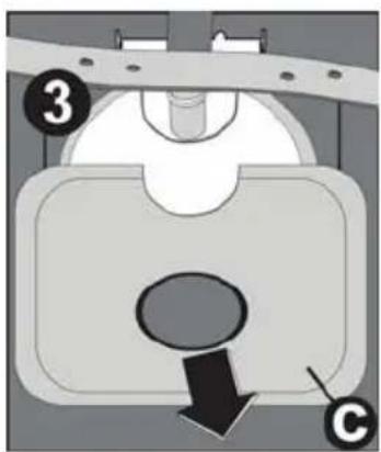 Diagram of a mechanical component with labeled parts and directional arrow, marked with numbers 3 and C.