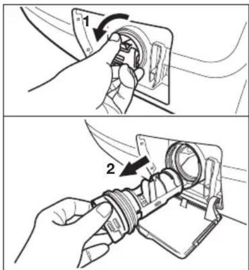Technical diagram showing two-step installation of a mechanical device with labeled parts and directional arrows indicating motion.