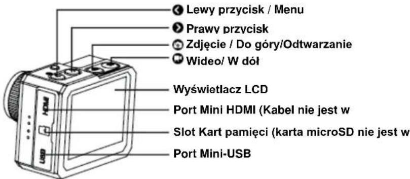 Lewy przycisk / Menu Prawy przycisk Zdjęcie / Do góry/Odtwarzanie Wideo/ W dół Wyświetlacz LCD Port Mini HDMI (Kabel nie jest w Slot Kart pamięci (karta microSD nie jest w Port Mini-USB