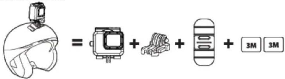 Diagram showing a helmet with camera and battery components, plus three 3M buttons labeled in boxes.