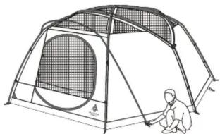 Line drawing of a camping tent with a person standing beside it (no text or symbols)