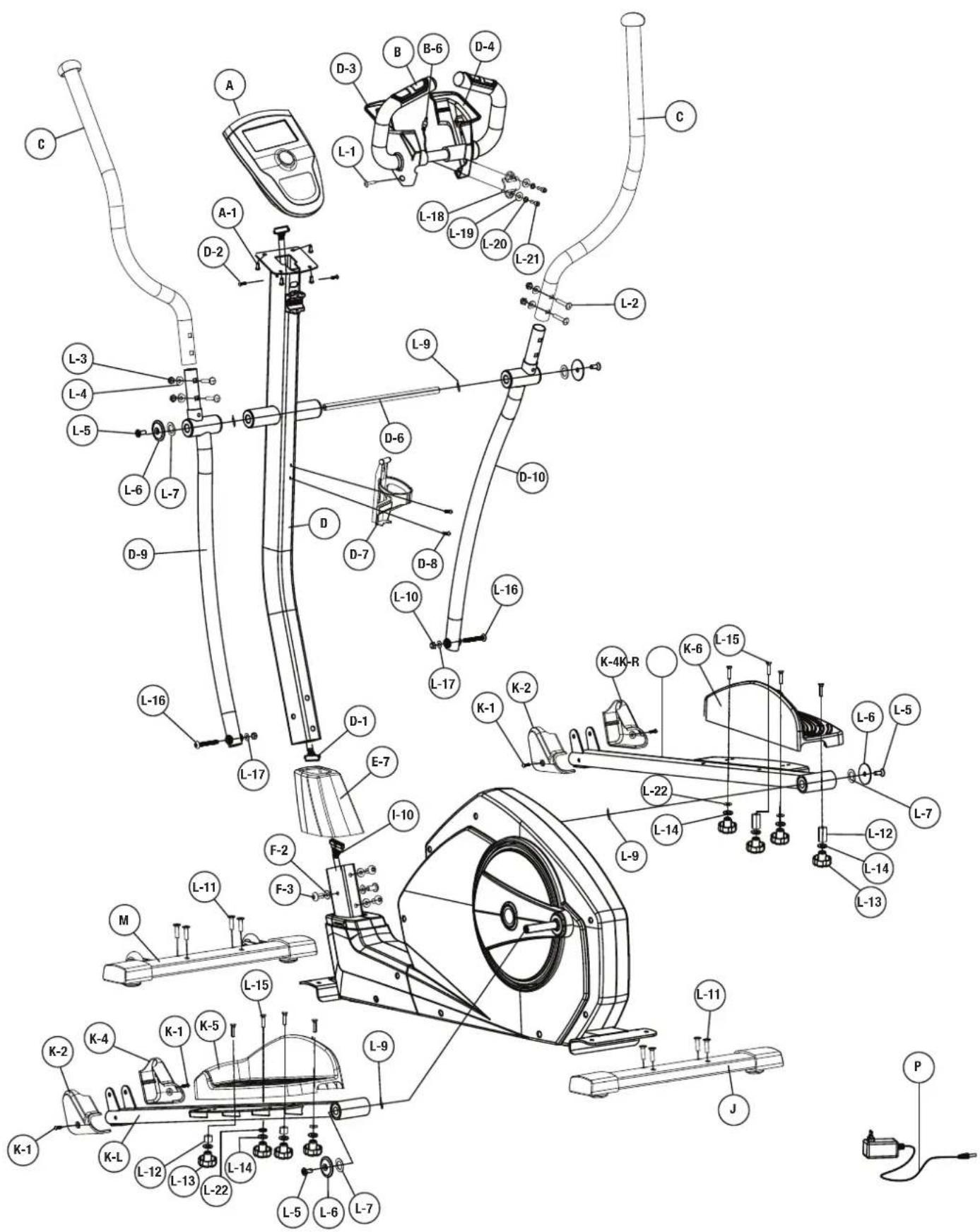 Technical diagram of an exercise machine with labeled components and assembly lines