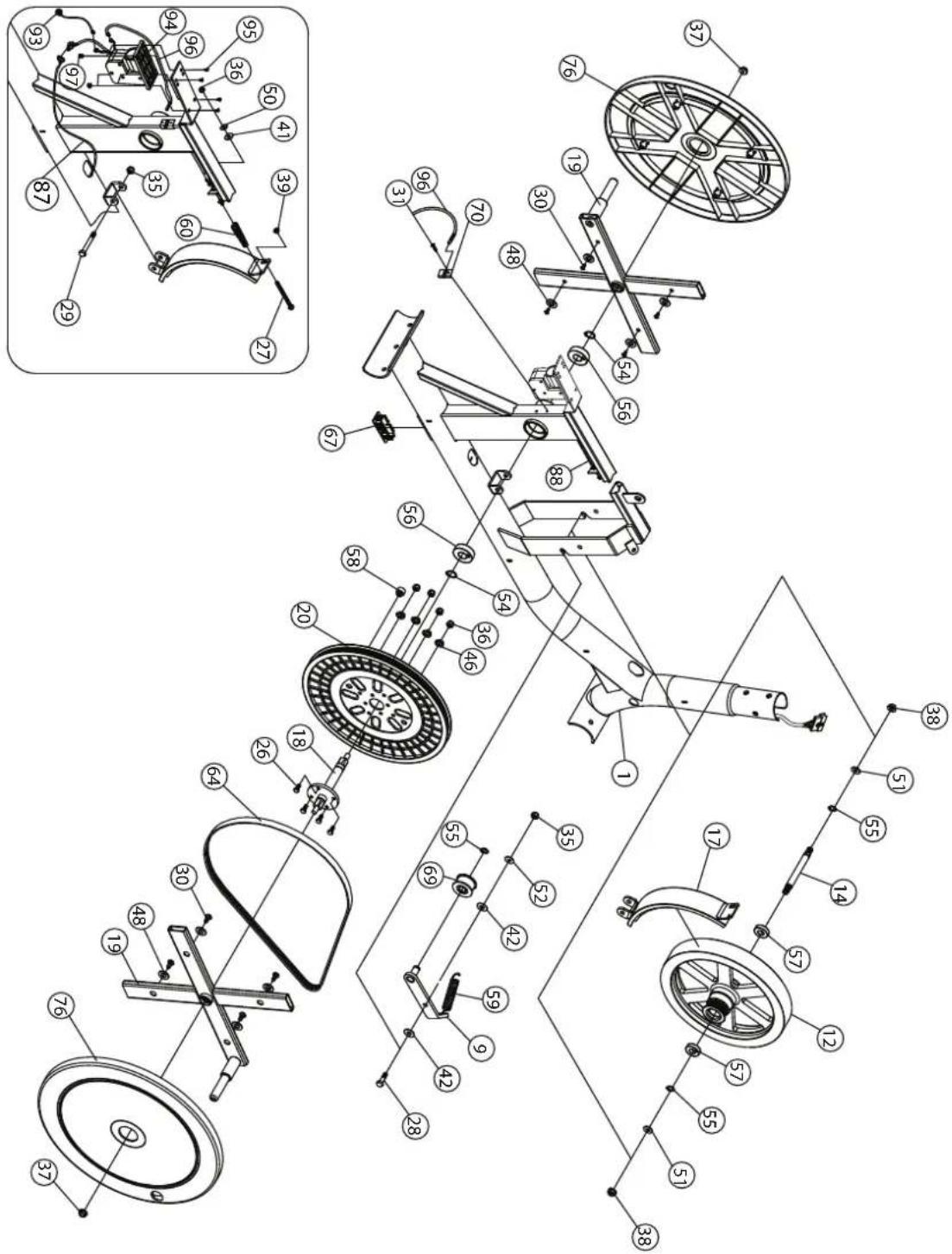 Technical schematic diagram of a mechanical assembly with numbered components and exploded views
