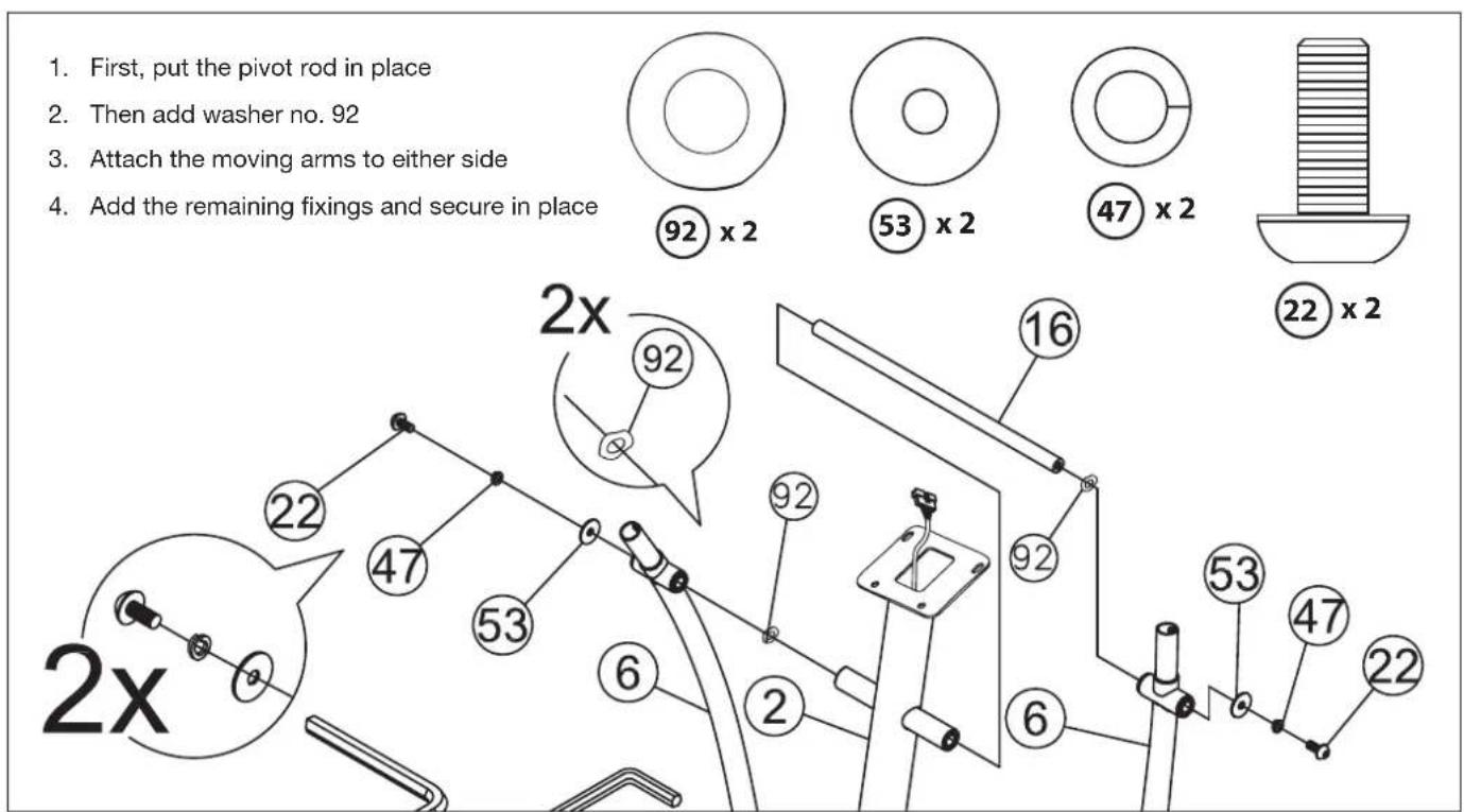 1. First, put the pivot rod in place 2. Then add washer no. 92 3. Attach the moving arms to either side 4. Add the remaining fixings and secure in place 92 x 2 53 x 2 47 x 2 22 x 2 2x 92 16 22 47 53 6 92 92 6 53 47 22 2x