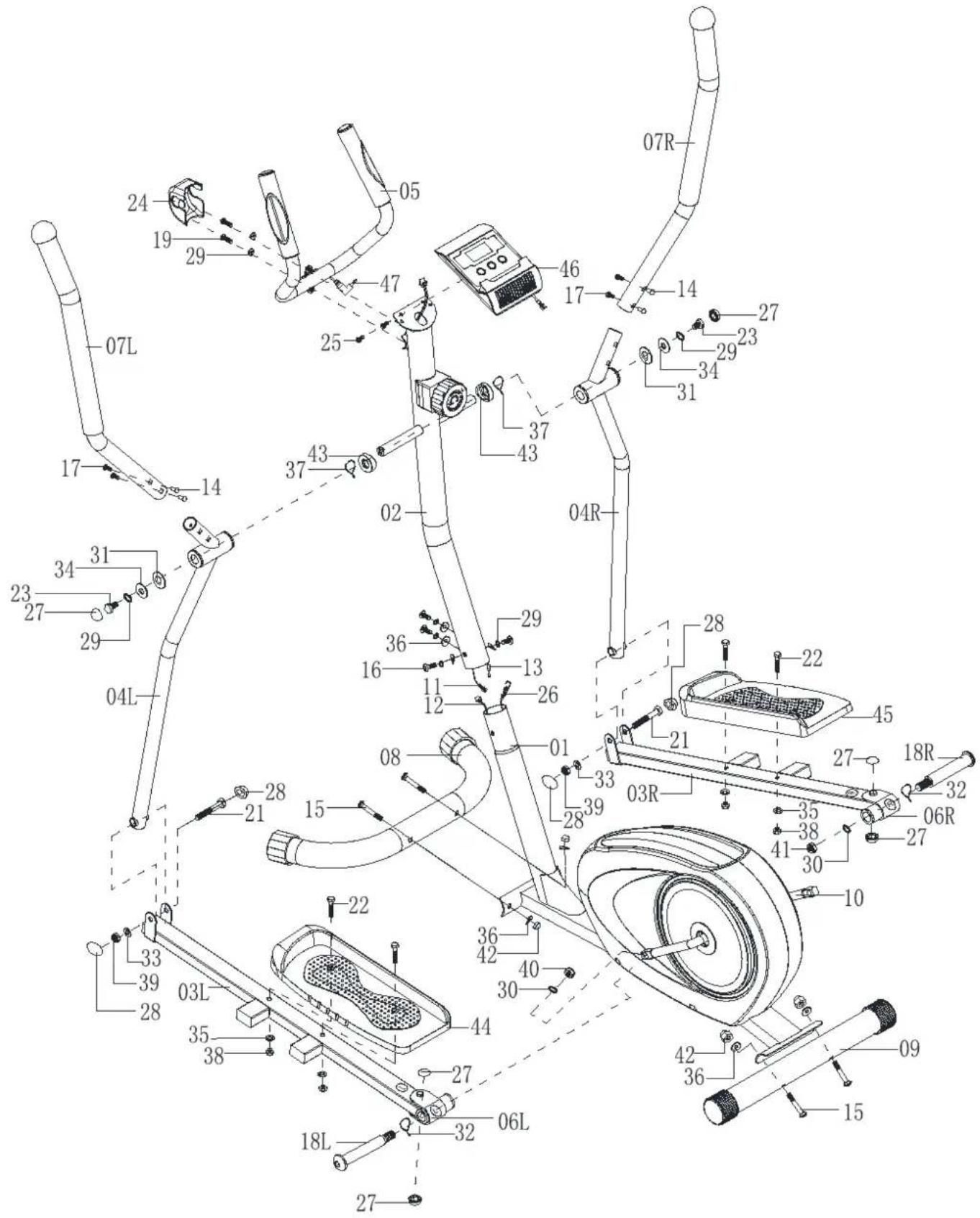 Technical diagram of a stationary exercise machine with numbered components and labeled parts