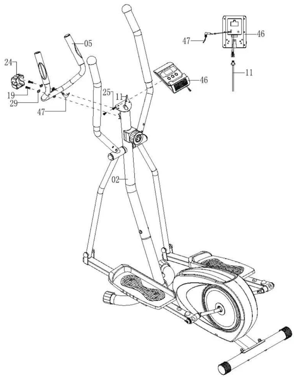 Technical diagram of an exercise machine with labeled parts and a close-up of the device's internal components.