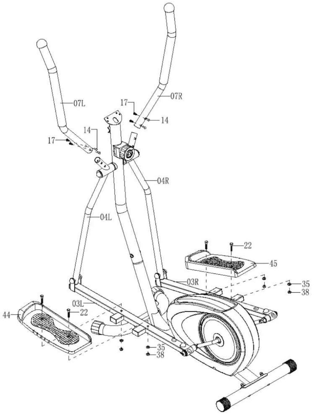 Technical diagram of an exercise machine with labeled components and numbered parts