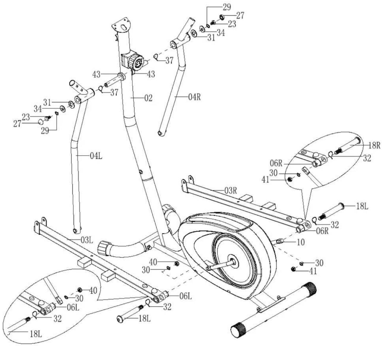 Technical diagram of a stationary exercise machine with numbered components and labeled parts