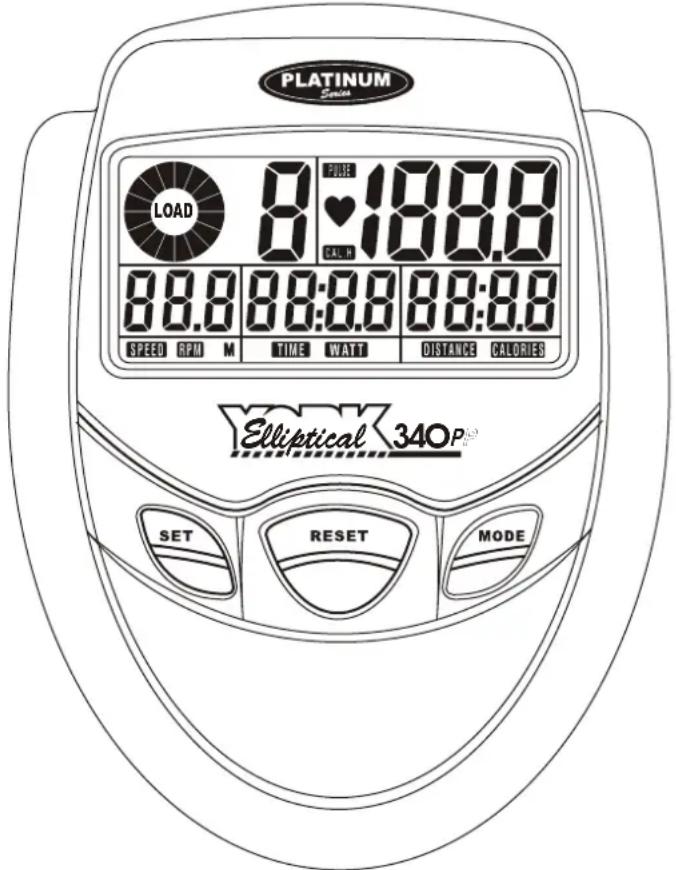 PLATINUM Sonic LOAD 8:18:8.8 CALL 88.8 88:8.8 88:8.8 SPEED RPM M TIME WATT DISTANCE CALORIES Elliptical 340P® SET RESET MODE
