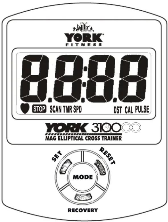 YORK FITNESS 8:8:8:8 STOP SCAN TMR SPD DST CAL PULSE YORK 3100 MAG ELLIPTICAL CROSS TRAINER SET RESET MODE RECOVERY