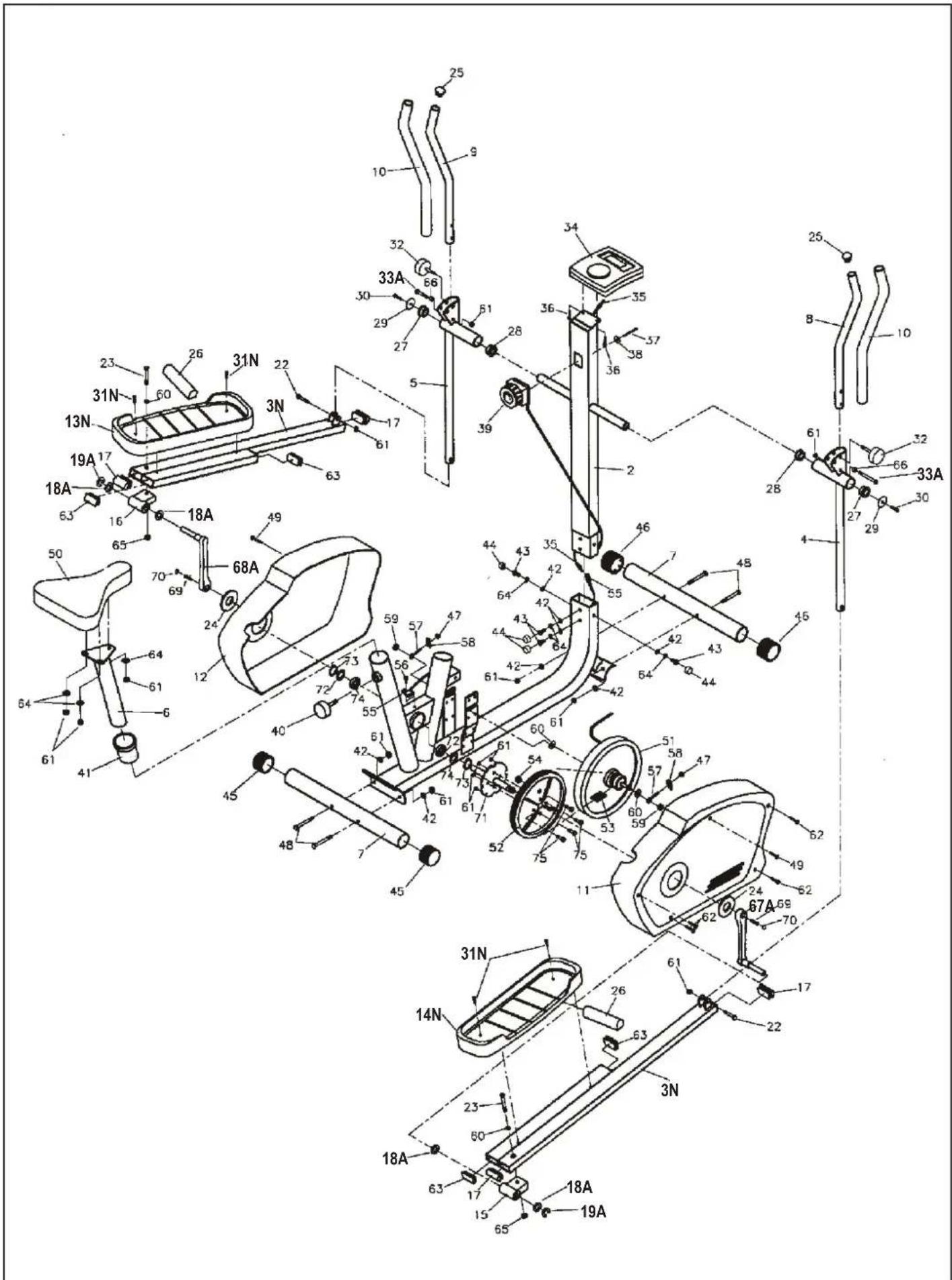 Technical diagram of a stationary exercise machine with numbered components and labeled parts