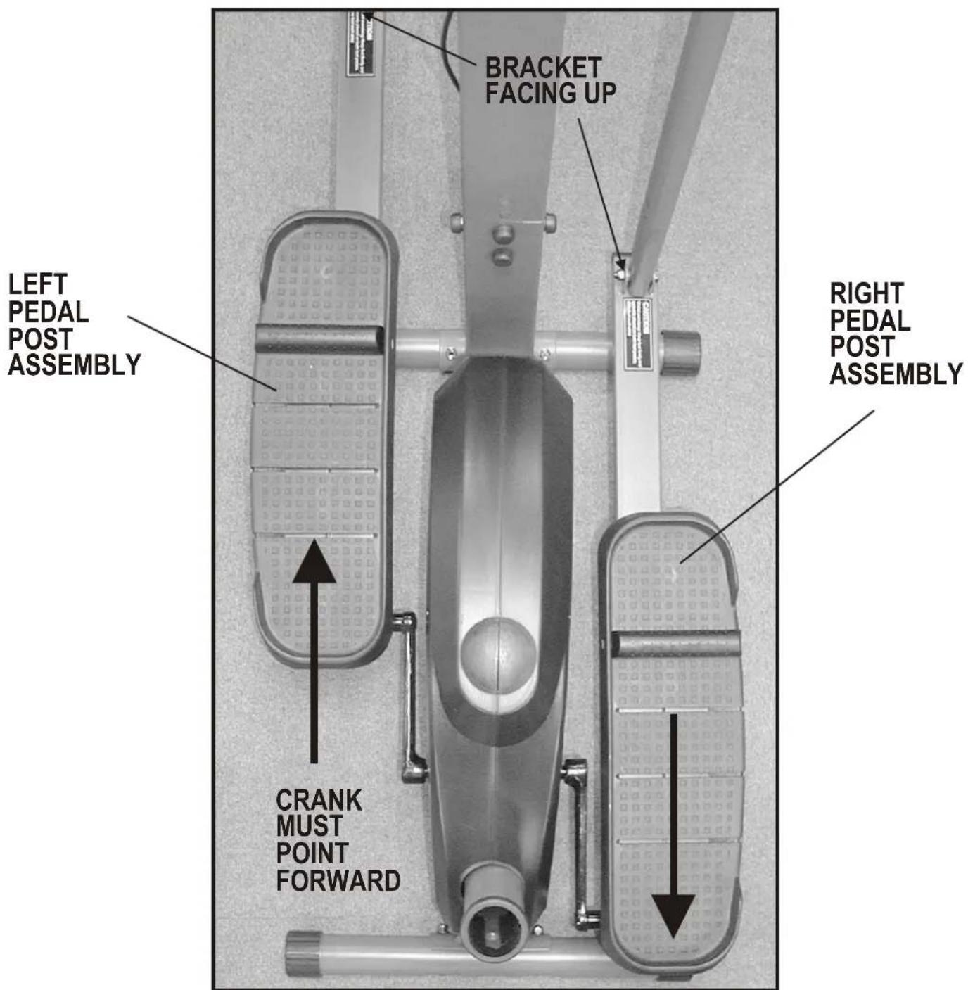 LEFT PEDAL POST ASSEMBLY BRACKET FACING UP RIGHT PEDAL POST ASSEMBLY CRANK MUST POINT FORWARD