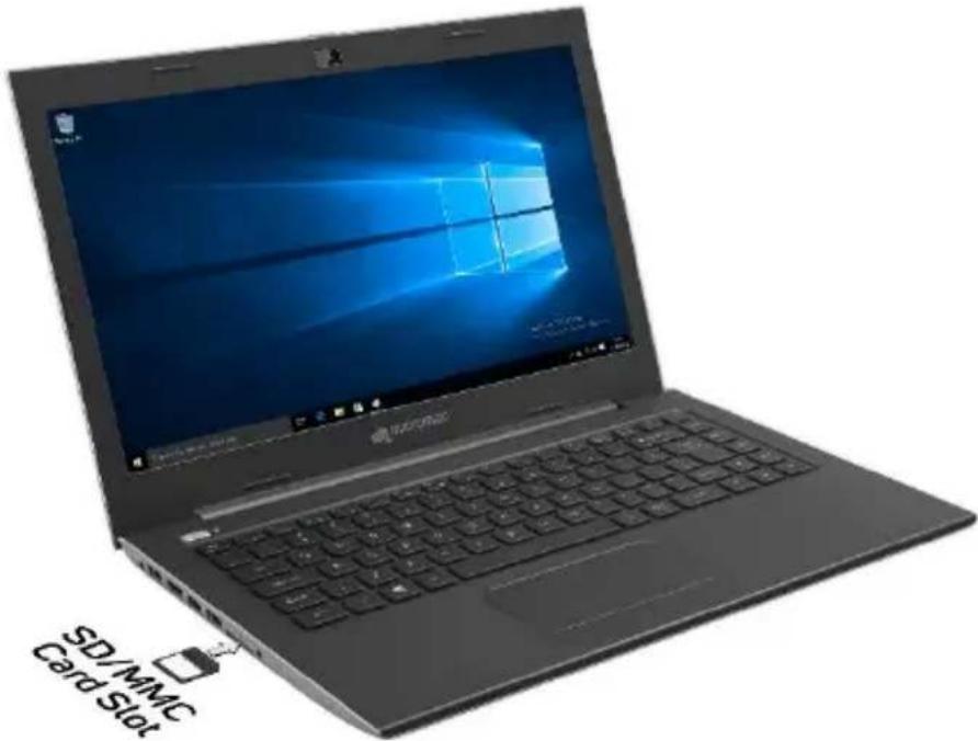 Laptop with Windows logo and 'SD/MMC Card Slot' label, no visible text or symbols on device surface