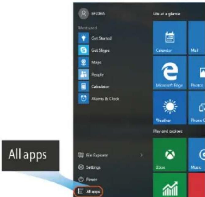 BP ZONA Life at a glance Must used Get Started Get Skype Maps People Calculator Alarms & Clock Calendar Mail Microsoft Edge Photos Weather Phone C Play and explore File Explorer > Settings Power All apps Xbox Music