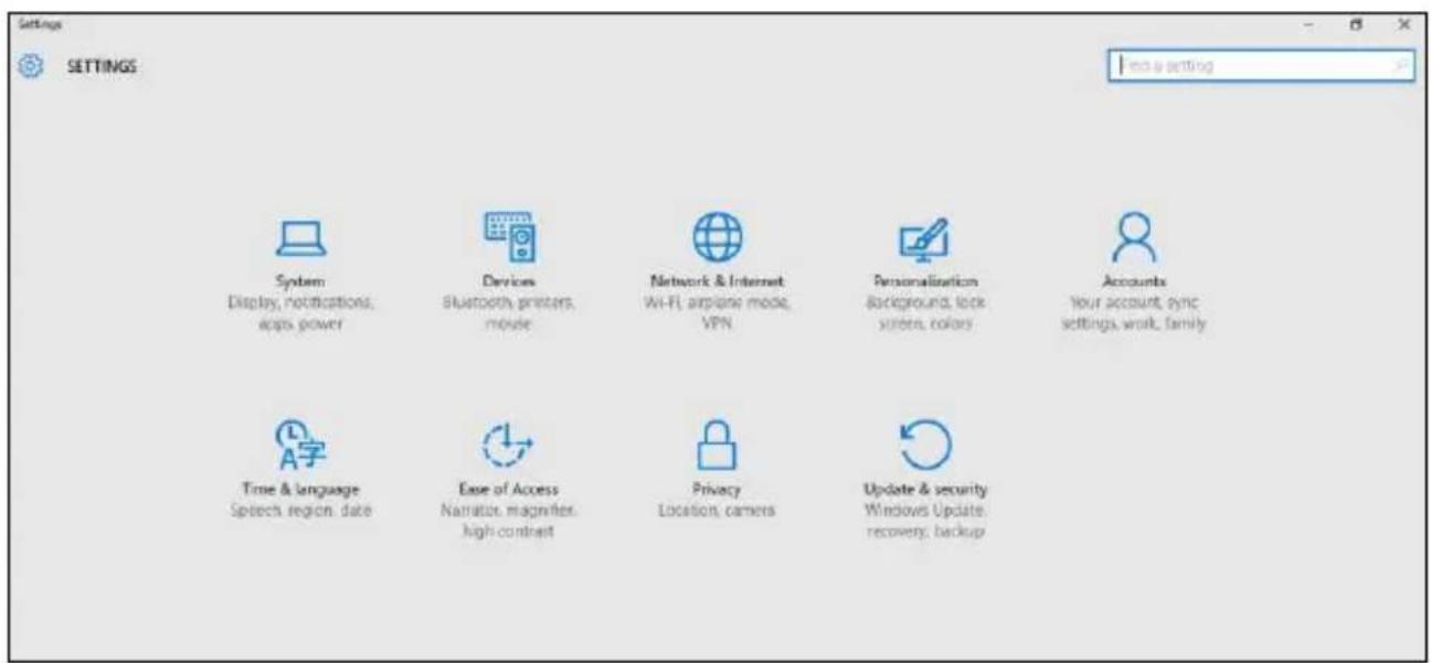 Settings SETTINGS Form a setting System Display, notifications, apps, power Devices Bluetooth, printers, mouse Network & Internet Wi-Fi, airplane mode, VPN Personalization Background, lock sisters, colors Accounts Your account, sync settings, work, family Time & language Speech region, date Ease of…