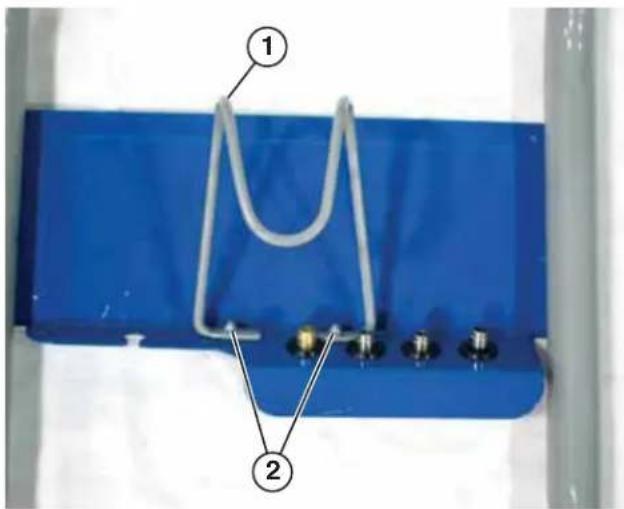 Diagram of a blue mechanical component with labeled parts 1 and 2, showing a U-shaped groove and four bolts.
