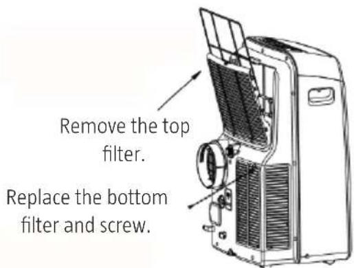 Remove the top filter. Replace the bottom filter and screw.