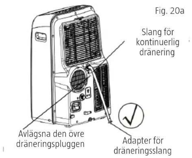 Fig. 20a Slang för kontinuerlig dränering Avlägsna den övre dräneringspluggen Adapter för dräneringsslang